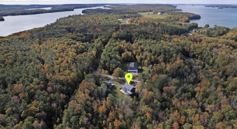 This photo shows a river flowing between green and orange trees.