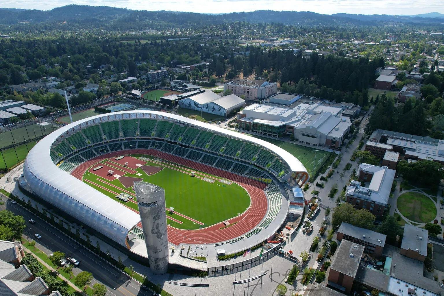 High-resolution aerial view of stadium demonstrating scale and context for professional drone marketing content