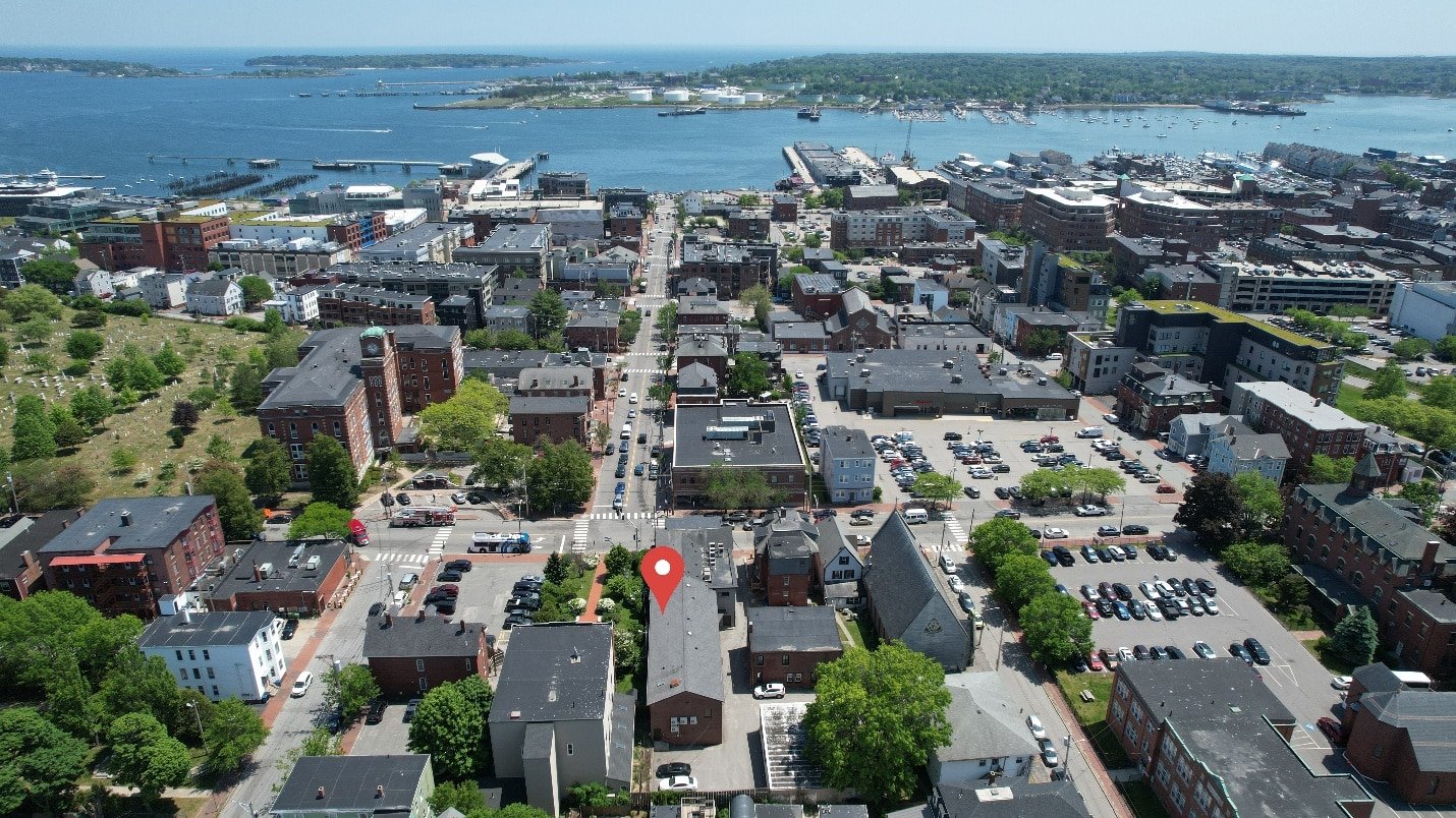 Drone photograph of houses and buildings