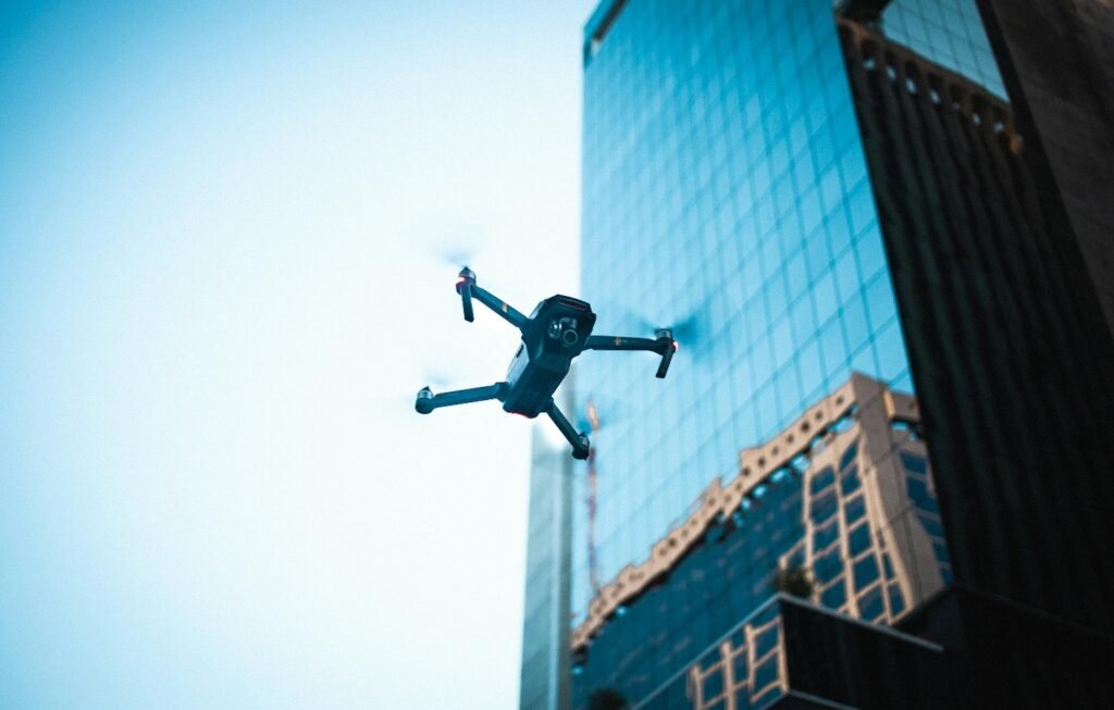Drone next to a building