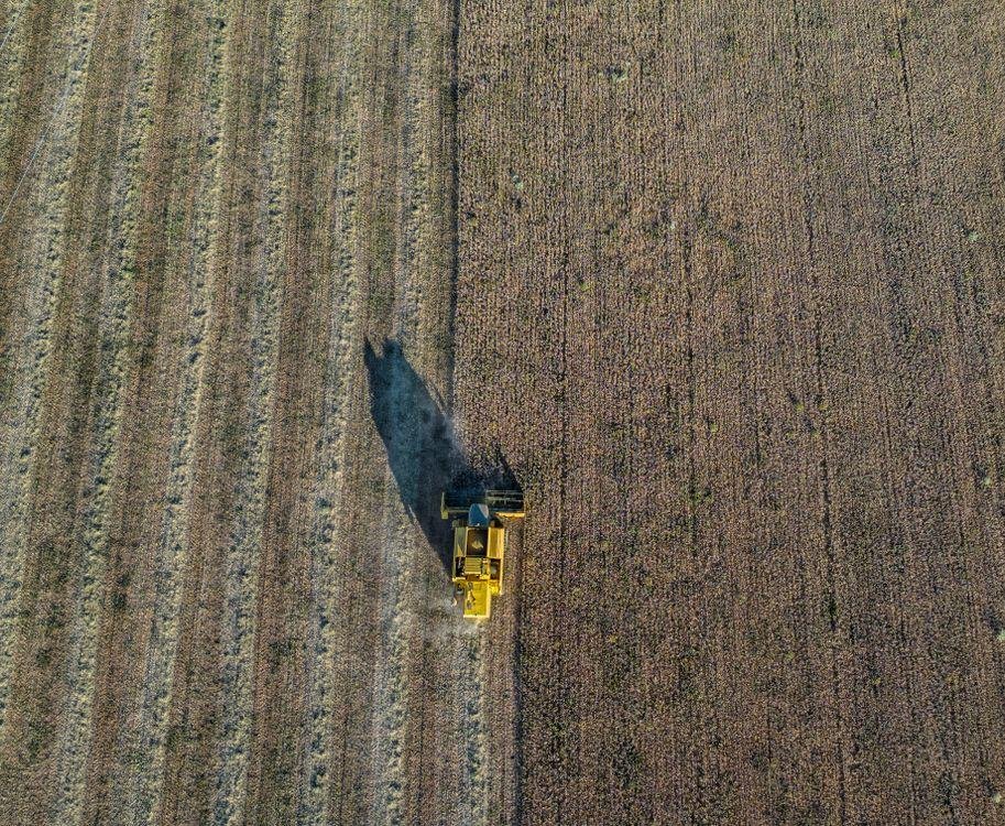 Aerial drone view of a combine harvester working through a crop field at harvest time.