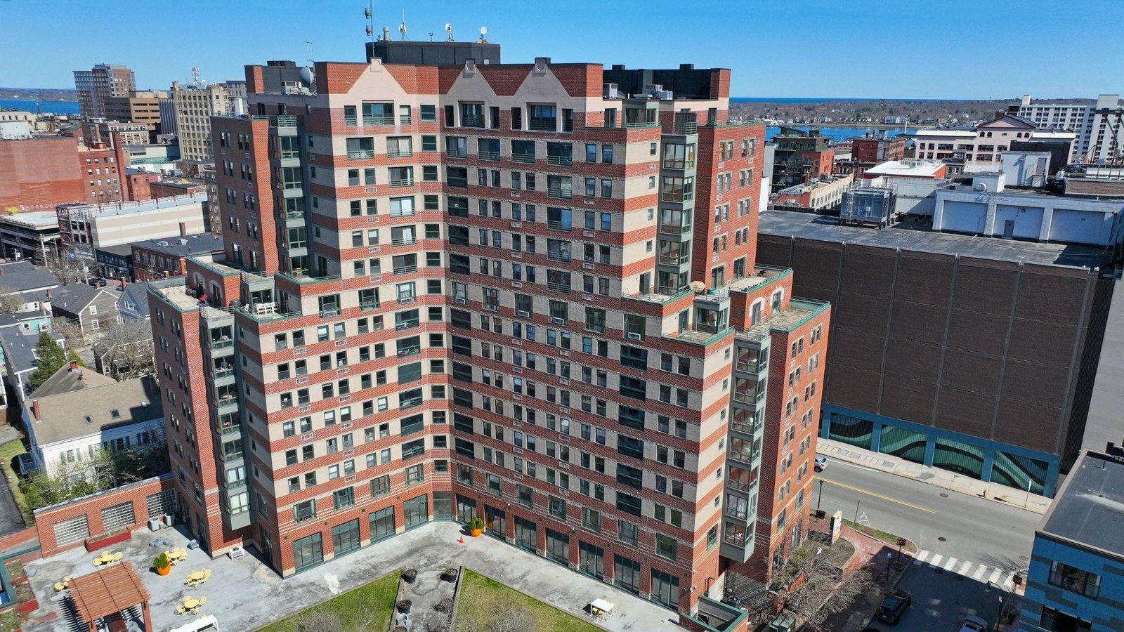 Aerial drone view of Back Bay Towers in Portland.