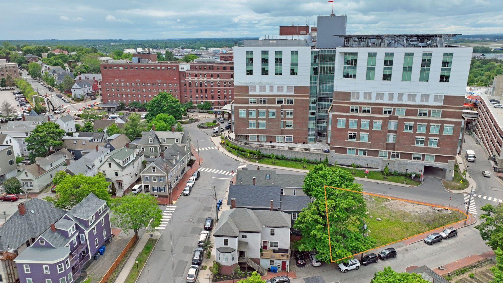 Aerial drone view of a marked property lot boundary on Wescott Street in Portland.