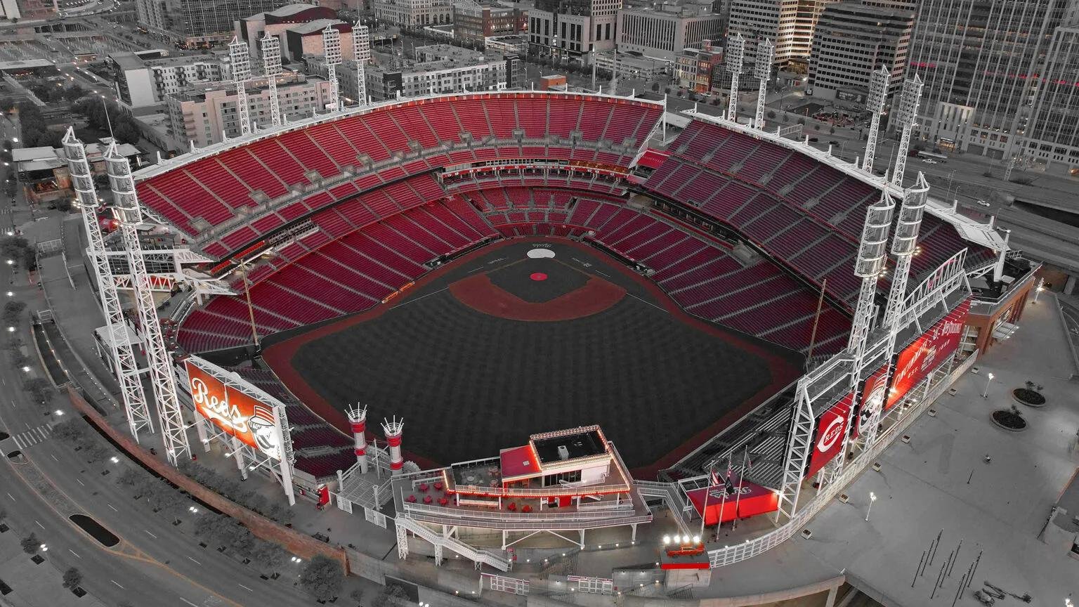 drone shot of the Great American Ballpark