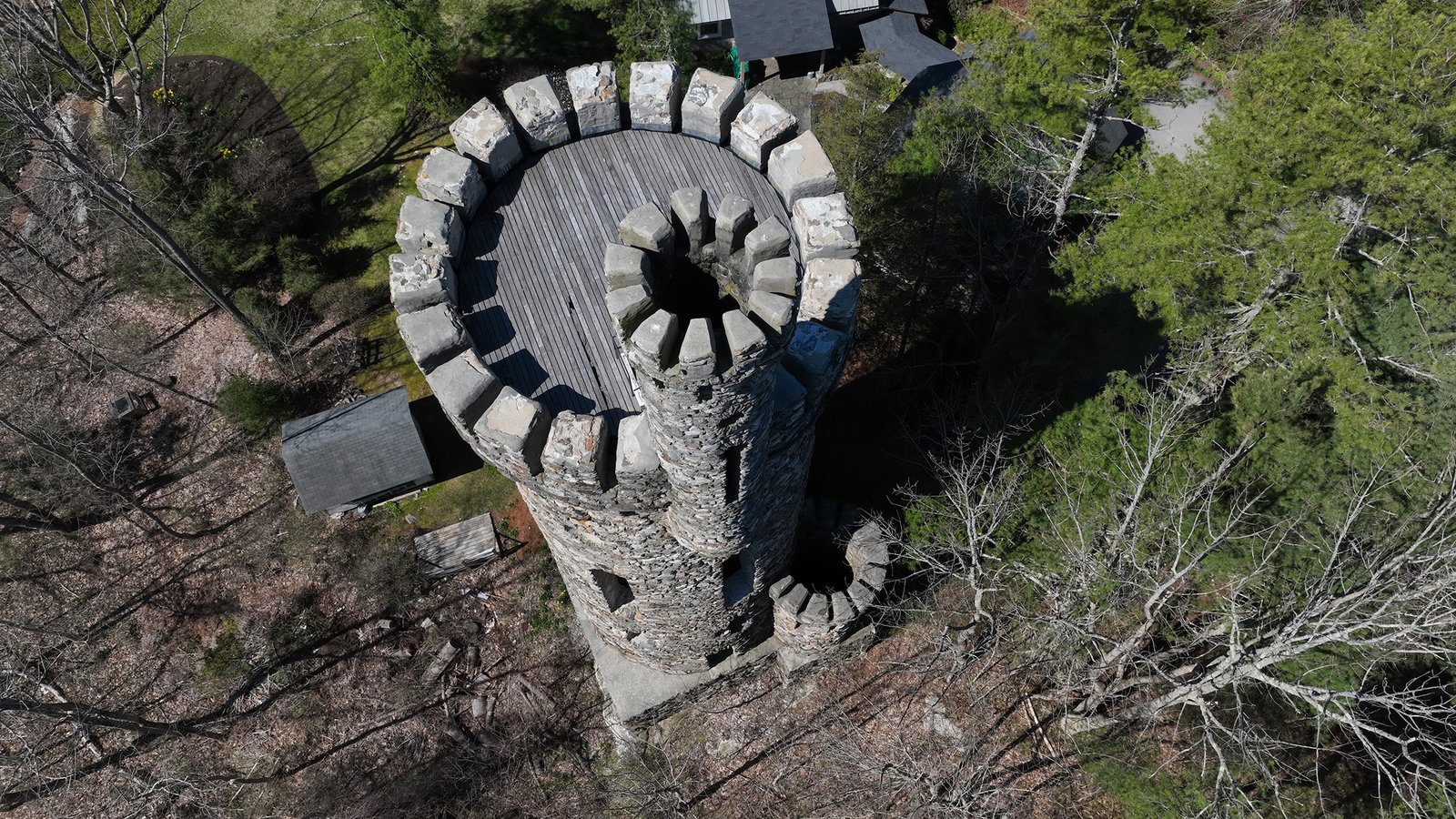 Aerial drone inspection of Casco Castle property in Freeport Maine