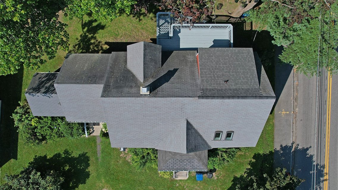 Aerial drone photograph of a residential roof