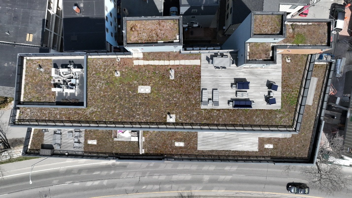 Aerial drone photograph showing detailed roofline of a residential property