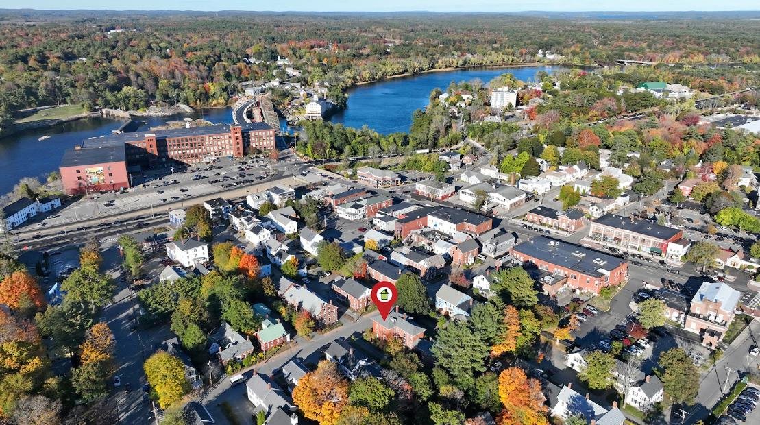 Aerial drone photograph of a coastal Maine town