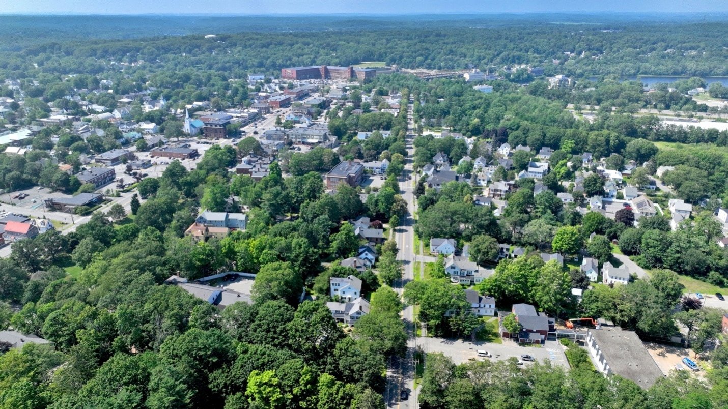Aerial view of Brunswick, Maine, showing the surrounding landscape from above